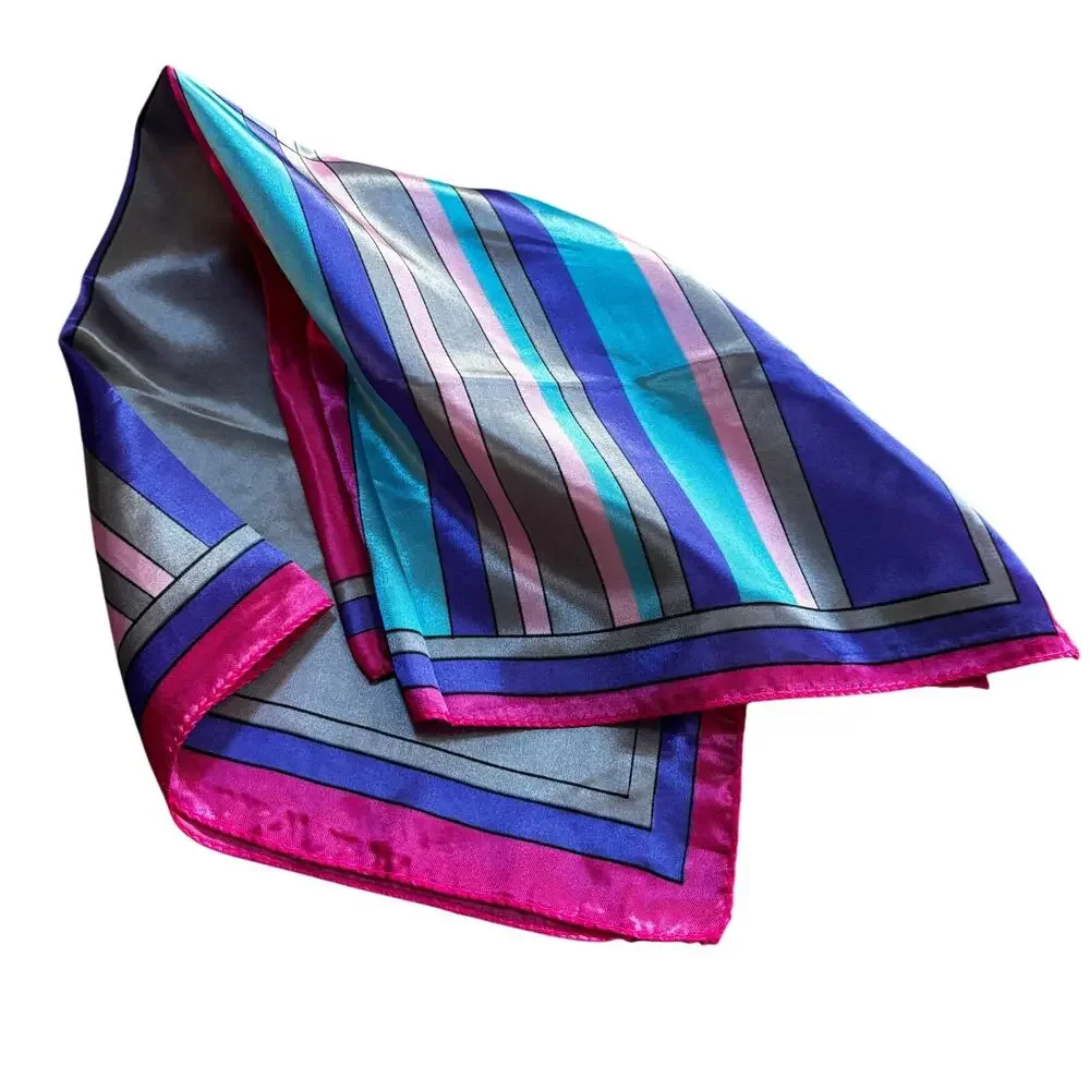 Silky feel satin square neckerchief scarf pink blues gray geometric 20” square